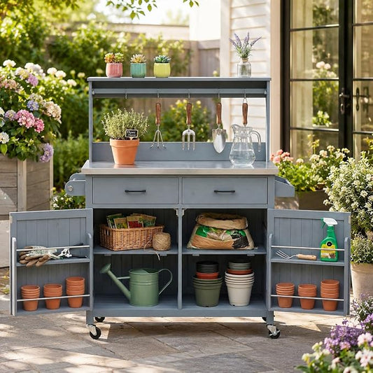 Outdoor Kitchen Island with Stainless Steel Top, 54.1 Inch | Solid fir wood frame, 201 stainless steel surface, high shelf, 10 hooks, side racks, lockable wheels, for BBQ, patio, garden