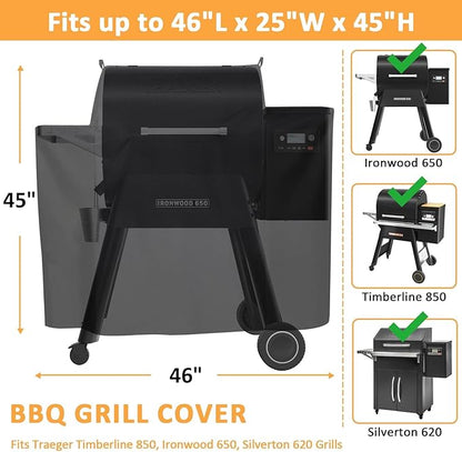 Grill Cover for Traeger Ironwood 650 Smoker, Waterproof Wood Pellet Cover for Traeger Timberline 850, Silverton 620 Pellet Grills Accessories, 600D BBQ Cover Replacement for BAC505 BAC359 BAC592