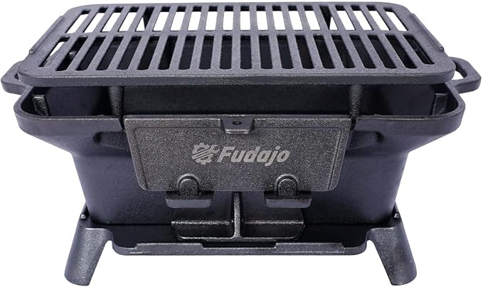 Cast Iron Charcoal Grill, Oval Small Portable Hibachi Grill with Grate for Outdoor Camping, Black