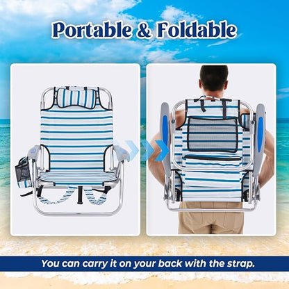 Portable Beach Chair for Adults, Outdoor Camping Chair Lay Flat Folding Backpack Beach Reclining Chair with 5 Positions, Headrest, Cup Holder, Heavy White Striped