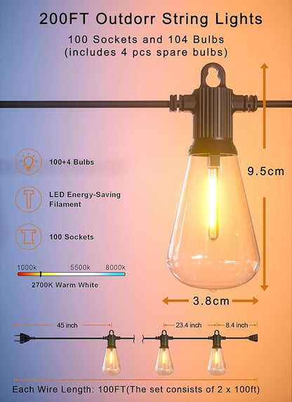 Zuske Outdoor String Lights, 200FT Patio Lights with 100 Shatterproof ST38 Globe Bulbs(4 Spare), Waterproof Connectable Dimmable LED Hanging String Lights for Outside Backyard Porch Balcony(100FT x 2)