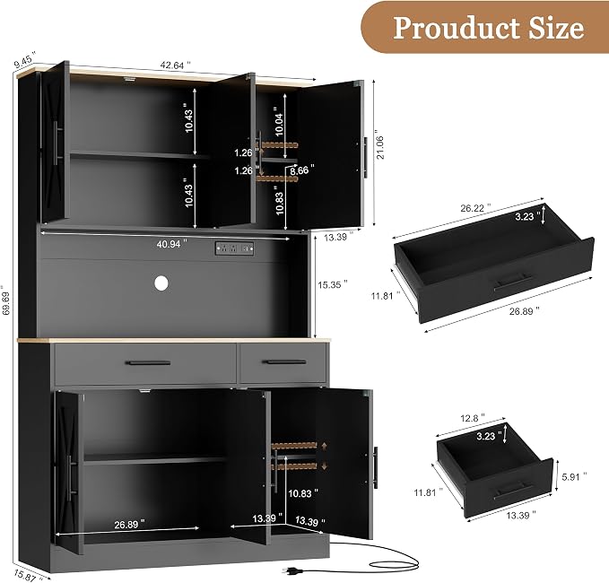 Shintenchi Pantry Cabinet with Charging Station, 70” Tall Kitchen Storage Cabinet with Microwave Stand, Storage Drawers & Adjustable Shelves, Large Capacity Kitchen Hutch for Dining Room, Black