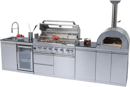 128-Inch 120000- BTU Stainless Steel Propane Gas BBQ Grill Modular Outdoor Kitchen Island,485Sq.In Cooking Area,Pizza oven,Wine Cooler,Refrigerator,Rotisserie,Storage Cabinets & Drawers,Silver