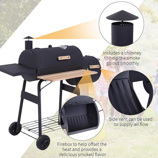 Barrel Style Charcoal Grills, 48" Large Steel BBQ Grill and Offset Smoker Combo with Wheels, Portable Backyard Barbecue for Garden Party, Camping and Tailgating, Premium Series (48.7")
