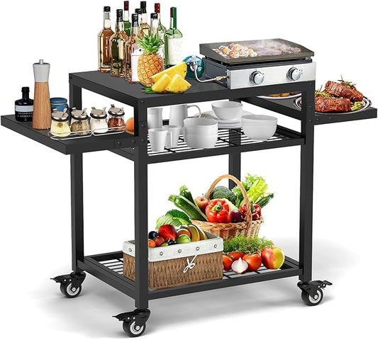 42" x 20" Three-Shelf Grill Cart - Outdoor BBQ & Work Cart - Movable Pizza Oven Table - Commercial Multifunctional Kitchen Food Prep Worktable