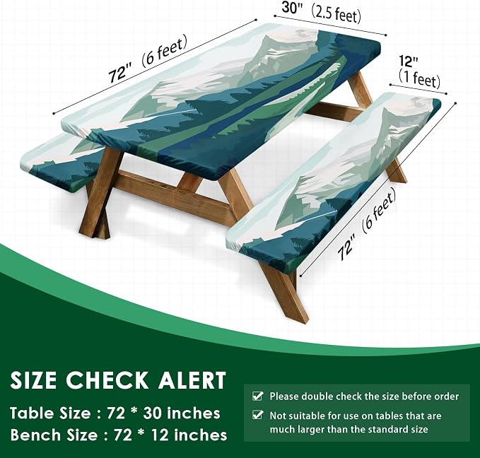 Picnic Table Cover with Bench Covers, Mountain, 3PCS, 72 Inch | 3 Piece full elastic edge camping tablecloth waterproof wipeable RV outdoor patio park essentials with drawstring bag