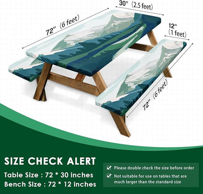 Picnic Table Cover with Bench Covers, Mountain, 3PCS, 72 Inch | 3 Piece full elastic edge camping tablecloth waterproof wipeable RV outdoor patio park essentials with drawstring bag