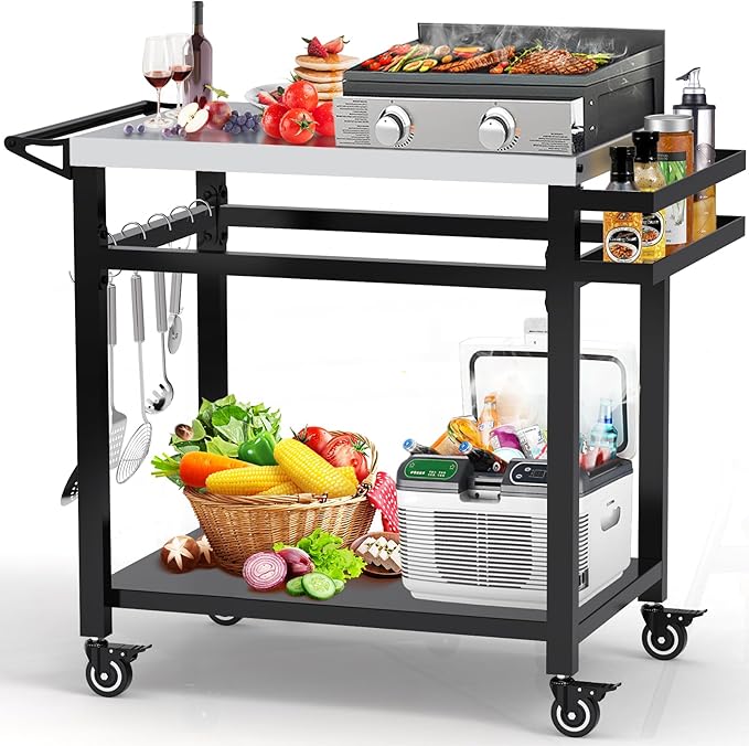 20"x 32" Grill Table with Double-Shelf, Stainless Steel Grill Cart, Multifunctional Food Prep and Pizza Oven Table for Ninja Grill, Blackstone Griddle 17"/22"