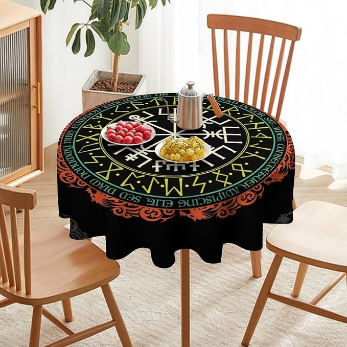 Vintage Viking Pattern Round Tablecloth, Viking Ancient Runic Helmet of Awe Seasonal Table Cloth Waterproof Wipeable Table Cover for Picnic Holiday Party Kitchen Dining 60"