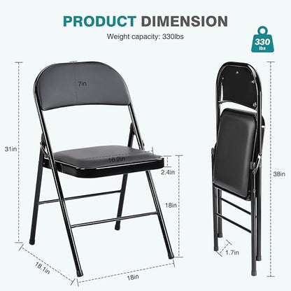 DUMOS 4 Pack PU Leather Padded Folding Chair, for Indoor and Outdoor Events, Portable Stackable Seat with Steel Frame, for Home, Office, Party, Dining, Black