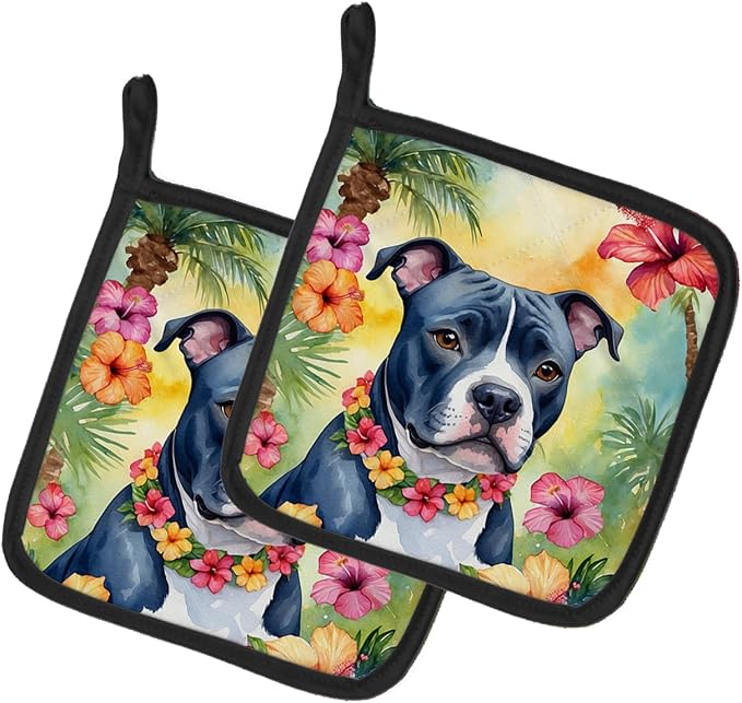 Caroline's Treasures Staffordshire Bull Terrier Luau Pair of Pot Holders Kitchen Heat Resistant Pot Holders Sets Oven Hot Pads for Cooking Baking BBQ, 7 1/2 x 7 1/2