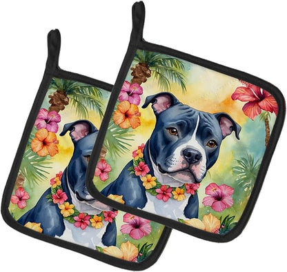 Caroline's Treasures Staffordshire Bull Terrier Luau Pair of Pot Holders Kitchen Heat Resistant Pot Holders Sets Oven Hot Pads for Cooking Baking BBQ, 7 1/2 x 7 1/2