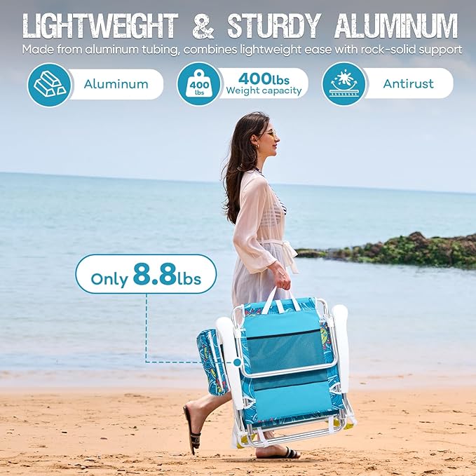 Old Bahama Bay Backpack Beach Chair, Aluminum Lightweight Reclining 5-Position Lounge Chair for Adults Heavy Duty Support 400 LBS Portable Folding with Cooler Bag Camping Chair for Sand Outdoor