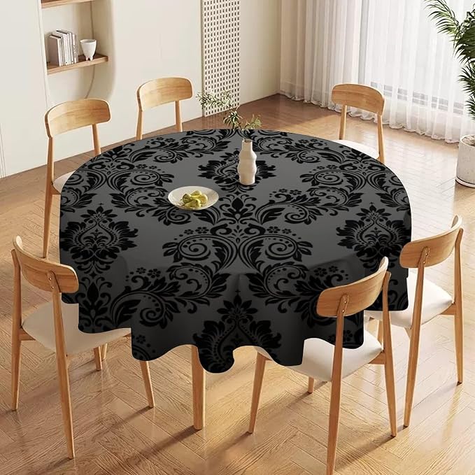 Gothic Black Damask Round Tablecloth, 50" Vintage Floral Exotic Bohemian Antique Victorian Water Resistant Table Cover for Farmhouse Party Holiday Kitchen Dinner Table