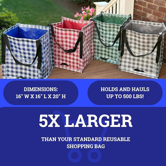 DURASACK Heavy Duty Storage Tote Bag 22-Gallon, Gingham Multi, Pack of 4 | Rugged Woven Polypropylene Moving Bag, Reusable Self-Standing Design, Holds up to 500 Pounds