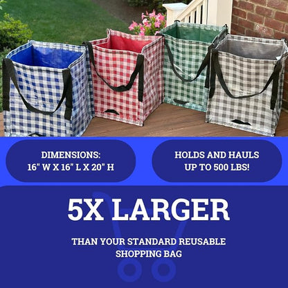 DURASACK Heavy Duty Storage Tote Bag 22-Gallon, Gingham Multi, Pack of 4 | Rugged Woven Polypropylene Moving Bag, Reusable Self-Standing Design, Holds up to 500 Pounds