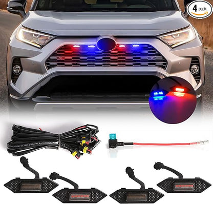 LED Grille Lights For Toyota RAV4 2019 2020 2021 2022 Smoked Shell Red and Blue Grill Light 4 Pcs, Plug and Play