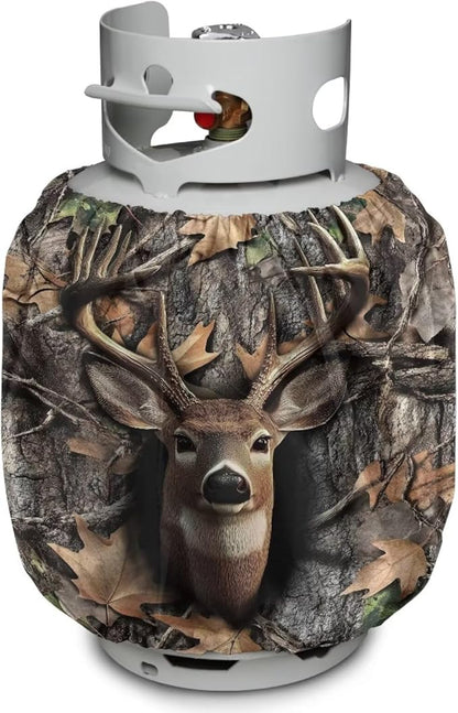 Propane Tank Covers 20lb Camo Deer Outdoor Heavy Duty Windproof Gas Tank Cylinder Cover with Elastic Brand Dress up Your Gas Grill 2 pcs