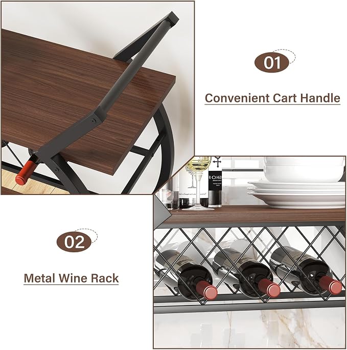 LVB Modern Bar Cart, Industrial Rolling Wine Cart with Wine Rack, Walnut | Coffee Liquor Drink Cart with Storage and Wheels, Wood and Metal Kitchen Microwave Beverage Cart for Home