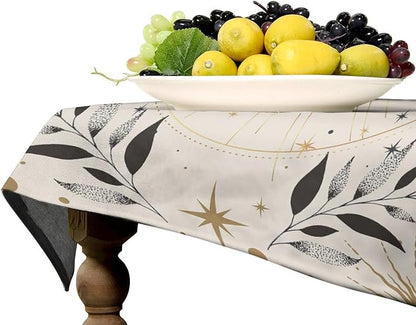 Vintage Boho Sun Moon Tablecloth Moon Phase Star Galaxy Space Wildflower Table Cloth Water Resistant Wipeable Table Cover for Farmhouse Picnic Party Holiday Kitchen Dinner Table 55"x55"