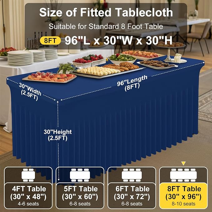 Smiry 2 Pack Spandex Elastic Fitted Table Cloth Skirt for 8FT Table | Stretch Washable Table Cloth, Banquet Table Cover for Wedding, Party, Indoor & Trade Shows, (Navy, 96Lx30Wx30H)