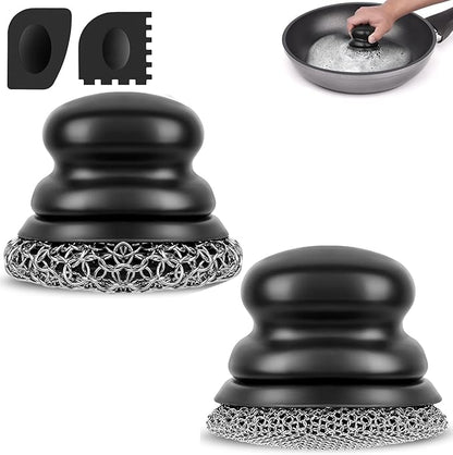 Cast Iron Scrubber (1Pack Black Coarse Mesh + 1Pack Black Fine Mesh) and and Scraper, Chain Mail Scrubber for Cleaning Stock Pots, Pans, Griddles, Grills, Cast Iron Skillets, Dish Scouring Pads