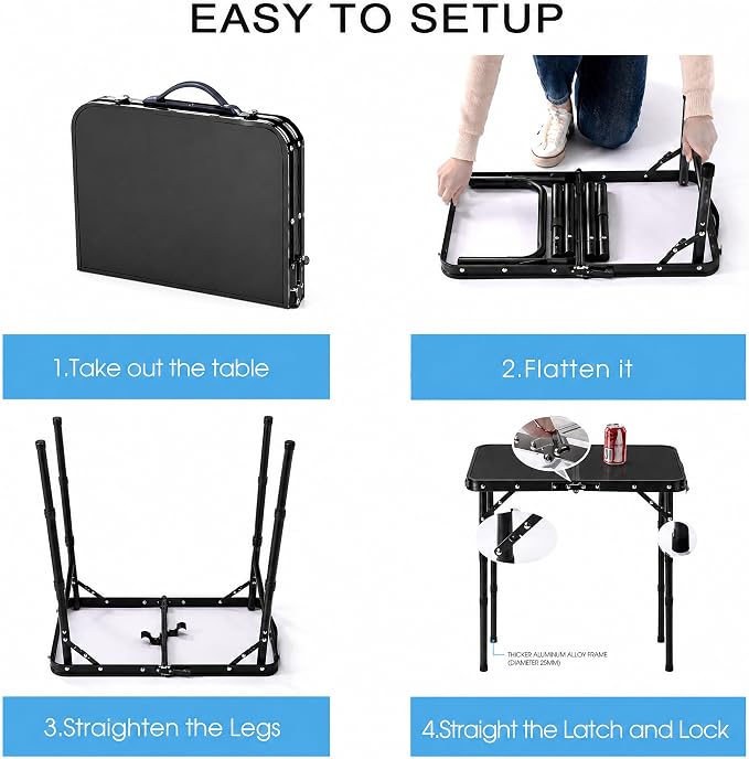 Folding Table Small, 24''L x16''W Camp Aluminum Table with Adjustable Height Legs, Indoor Outdoor Lightweight Portable Folding Aluminum Dining Table for Picnic Camping 2-Feet All Black（10"/19"/27）