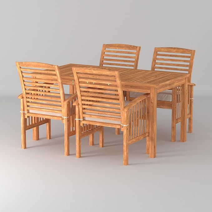 Walker Edison Rendezvous Modern 5 Piece Solid Acacia Wood Outdoor Dining Set, Set of 5, Brown
