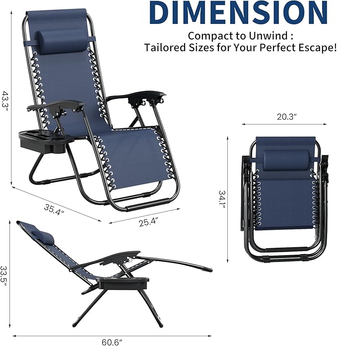 Garvee Zero Gravity Chair Set of 2, Patio Lounge Chair Outdoor with Pillow & Cup Holder Tray, Adjustable Reclining Chair, Folding Portable Camping Chair for Deck, Beach, Yard, Garden - Navy Blue