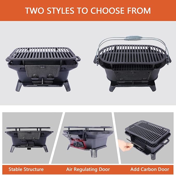 Cast Iron Hibachi Grill, Portable Charcoal Hibachi Grills with Double-Sided Grill Grate, 100% Cast Iron, Compact Camping Charcoal Cooker for Tailgating, Picnics & Hunting (Oval)