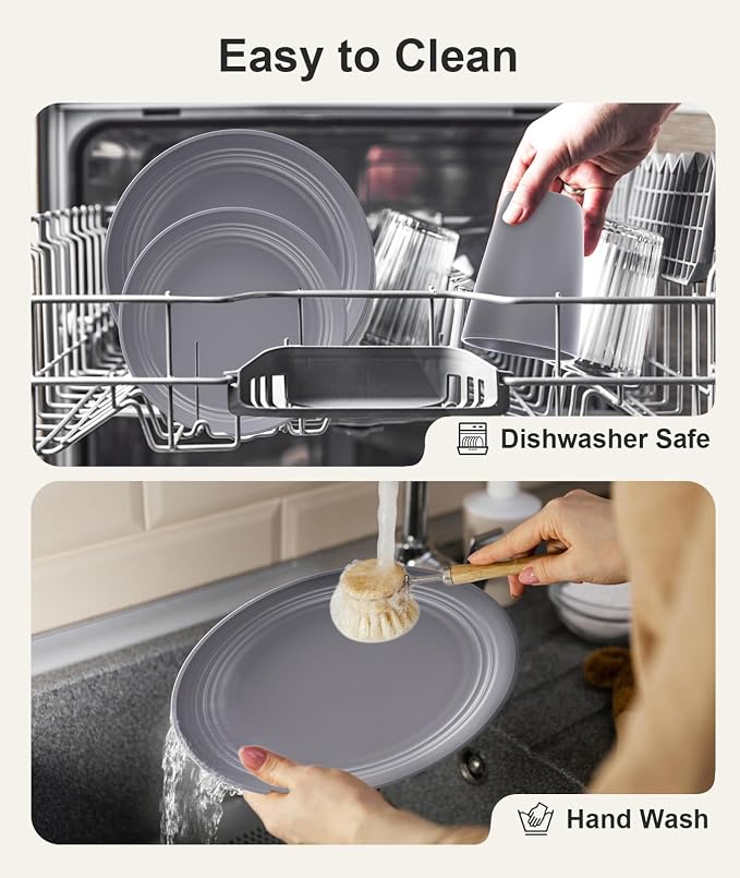 Quatish 32 Piece Plates and Bowls Sets for 8, Unbreakable Dinnerware Sets, Plastic Dish Set for Camping, Dishwasher Microwave Safe, Outdoor Kitchen and Apartment Dorm Dinning RV Essentials, Grey