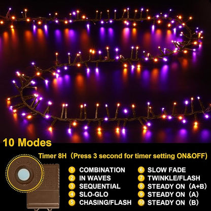 Purple Orange Halloween String Lights Outdoor, 46FT 500LED Twinkle Fairy Lights, 16 Modes Plug in Waterproof Cluster Lights for Bedroom Indoor Outdoor Halloween Decorations