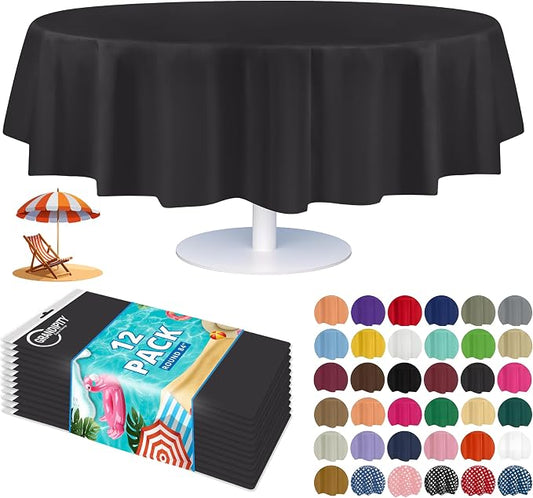 Grandipity 12 Pack Premium Disposable Plastic Tablecloth 84" Inch Decorative Round Table Cover - Dark Grey