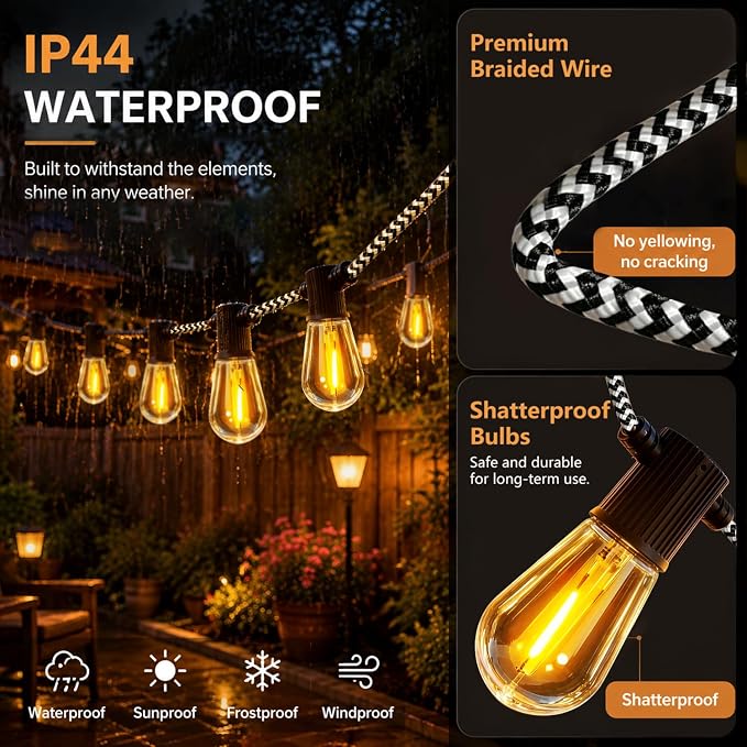 Solar String Lights Outdoor, 31FT Braided Cord, 20 Edison LED Bulbs, Remote | USB Charging, 8 Modes, 4 Brightness Levels, Timer, 15-20H Runtime, 2200K Warm Glow, IP44 for Patio, Gazebo, Cafe and Camping