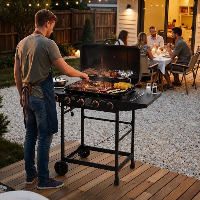 4-Burner Outdoor Propane Gas Grill with Side Burner, 42,000 BTU, Porcelain-Enameled Grates, 534 Sq. In. Cooking Area, Piezo Ignition and Wheels