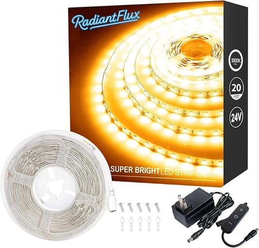 RadiantFlux 20 ft Led Light Strip Warm Indoor Decoration, Small Dimmable LED Lights Strip, 360 LEDs, Super Bright LED Tape Rope Lights for Living Room, Bedroom, Kitchen, Vanity Mirror