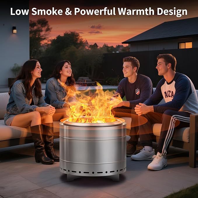 Panovue 19.5 inch Smokeless Fire Pit with Carry Bag, Stainless Steel Outdoor Smokeless Firepit, Wood Burning Fire Pits for Camping, Bonfire,Low Smoke Firepit for Outside(Silver)