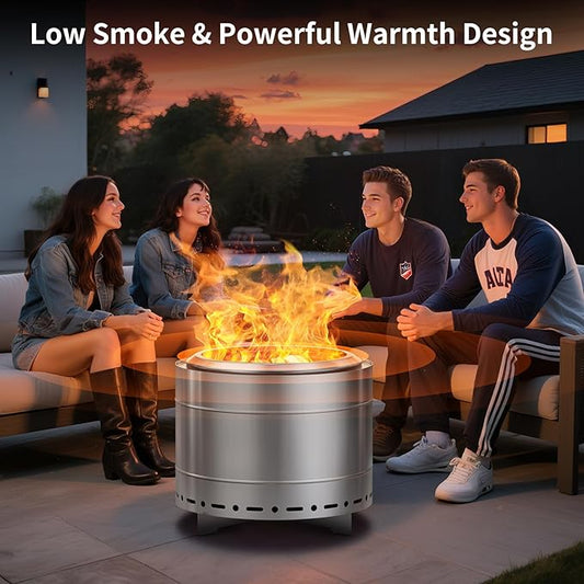 Panovue 19.5 inch Smokeless Fire Pit with Carry Bag, Stainless Steel Outdoor Smokeless Firepit, Wood Burning Fire Pits for Camping, Bonfire,Low Smoke Firepit for Outside(Silver)