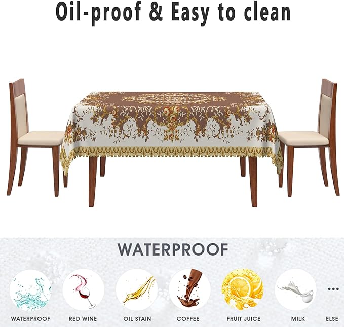 French Floral Rectangular Tablecloth Brown Flowers Tablecloths Vintage Luxury Classic Design Waterproof Rectangle Polyester Resistant Table Cover for Picnic Dinner Decor 70x140 Inch