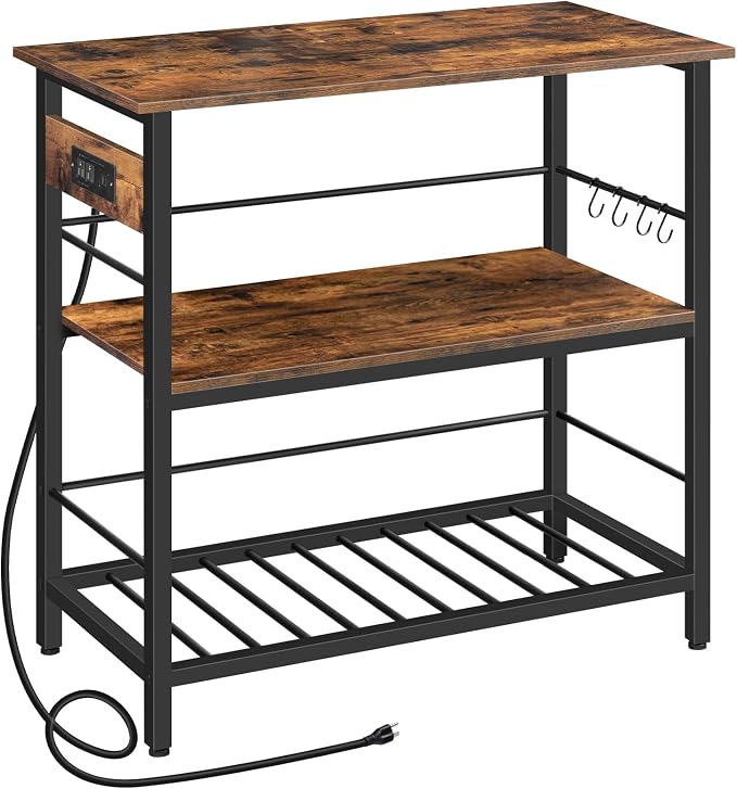 HOOBRO Kitchen Island with Storage, Kitchen Island Table with Power Outlet, 35.4" L 3 Tier Coffee Station and Microwave Stand, for Home, Dining Room, Rustic Brown and Black BF021ZD01
