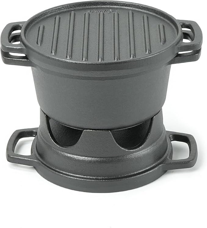 HAWOK 6 Piece Stove Set, Potable Cast Iron Charcoal Grill Stove with 1QT Dutch Oven, with Multipurpose Lid, Five-Leg Buffet Tray, Multipurpose Mini BBQ Stove Set