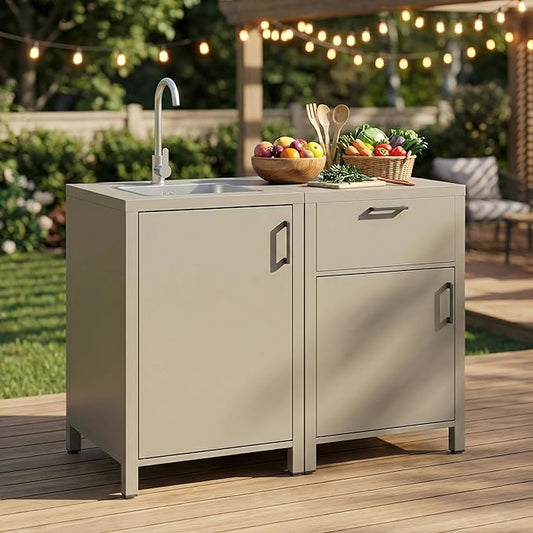 Wisteria Lane Outdoor Storage Cabinet with Stainless Steel Sink, Aluminum Modular Outdoor Kitchen, All Weather Kitchen Island with Storage and Drawers for BBQ, Porch, Backyard