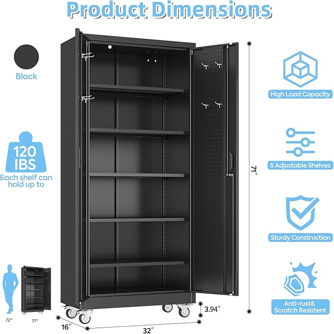 Aobabo Upgrade 71H''*32''W*16''D Metal Garage Storage Cabinet with Wheels and Pegboards, 5 Adjustable Shelves Steel Storage Cabinets for Garage,Warehouse, Black, Assembly Required