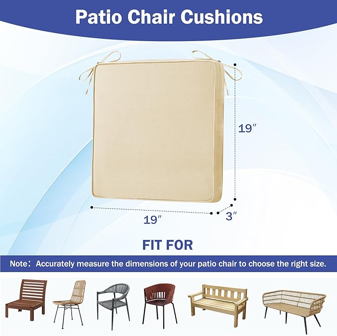 IASEAHK Patio Chair Cushions, 19" x 19" x 3" Outdoor Chair Cushions Set of 4, Waterproof Outdoor Cushions for Patio Furniture, Outdoors Seat Cushions with Handle and Ties, Light Khaki