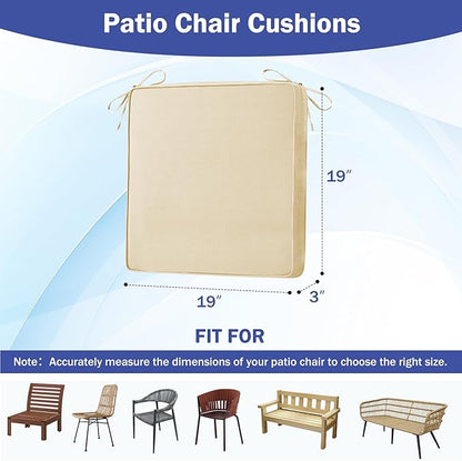 IASEAHK Patio Chair Cushions, 19" x 19" x 3" Outdoor Chair Cushions Set of 4, Waterproof Outdoor Cushions for Patio Furniture, Outdoors Seat Cushions with Handle and Ties, Light Khaki