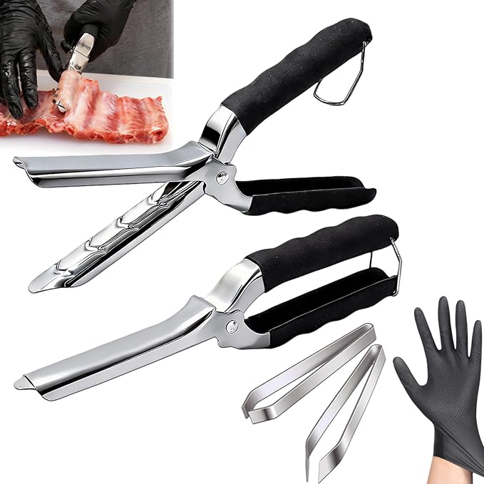2Pcs Rib Membrane Removal Tools, Rib Prep Tool, Stainless Steel BBQ Rib Skinner with 2Pcs Tweezers Pliers and Gloves, for Easy Rib Skinner, Kitchen Gadgets for Barbecue Enthusiasts & Chefs