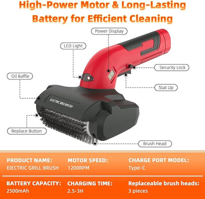Electric Grill Brush for Outdoor, Upgraded BBQ Grill Cleaner with 3 Heads, 1200 RPM Speed, 304 Stainless Steel Bristle, Cordless & Type-C Rechargeable Grill Cleaning Tool