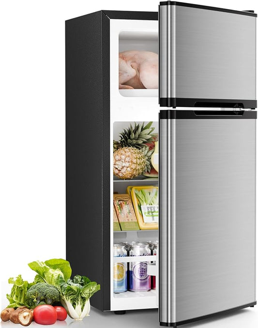 Antarctic Star Compact Mini Fridge with Freezer,Double Door with Adjustable Thermostat,Small Fridge Removable Shelves for Dorm/Office,2.45 Cu.Ft,STEEL