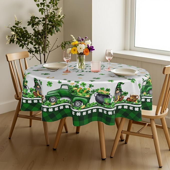 Sweetshow Happy St. Patrick's Day Gnomes Table Cloth Round Shamrock Trucks Green Hat Coin Buffalo Plaid Tablecloth 60 Inch Decor Washable Stain and Wrinkle Spring Round Table Cover for Dining Picnic