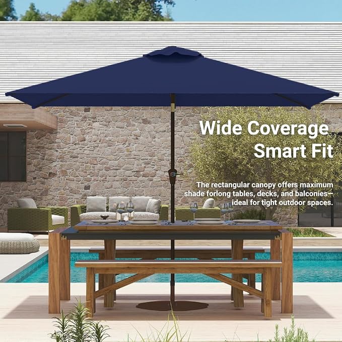 6.5' x 10' Rectangular Patio Umbrella Large Outdoor Market Umbrella w/UV Protection, Push Button Tilt and Crank Lift, Rectangle Table Umbrella for Garden, Deck, Pool, Patio, Navy Blue